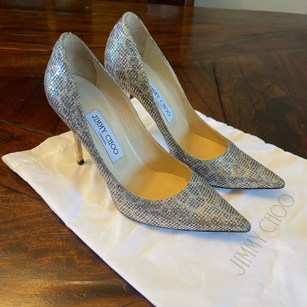 Jimmy Choo Aurora Pumps Stilettos Heels Glitter 4” Heel Size 37.5 - Picture 3 of 11